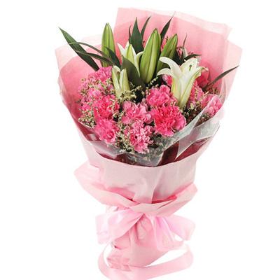 11枝粉色康乃馨+2枝白色香水百合花束 同城鲜花配送