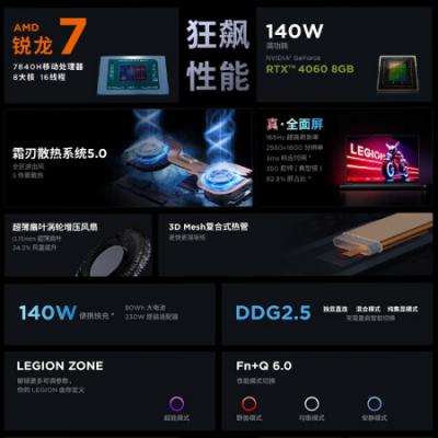 联想拯救者R7000P 16英寸电竞游戏笔记本电脑(R7-7840H/16G/1T/RTX4060显卡/2.5K 高刷高色域屏/灰)